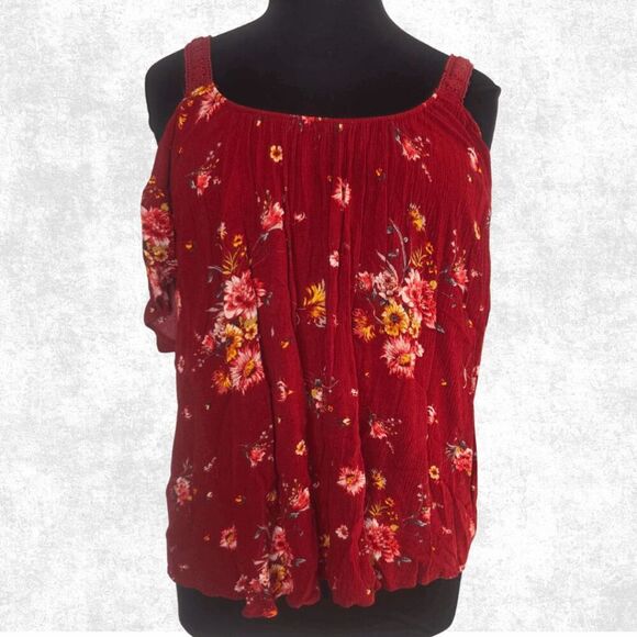 Torrid Red Floral Cold Shoulder Top – Plus Size 1 (14–16) | Boho Gauze Blouse - Picture 6 of 6